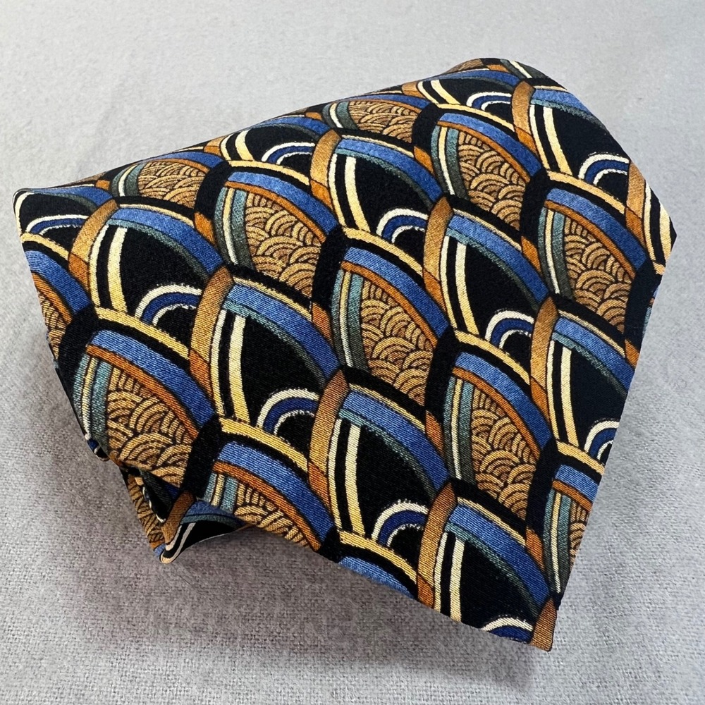 J. Garcia Art-Inspired Silk Tie Blue Gold Geometric Pattern 90s Abstract 3.75x59